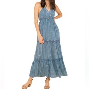 RAGA Tinsel Embroidered Tiered Maxi Halter Dress, Indigo Dream size L Blue